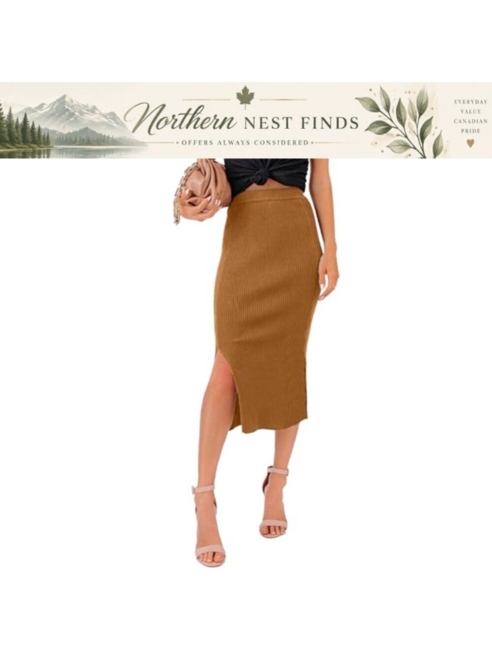 Ribbed Knit High Waist Split Midi Bodycon Pencil Skirt Pull On